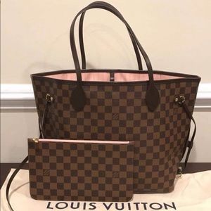 ‘18 Damier Ebene Neverfull MM Rose Ballerine Pouch